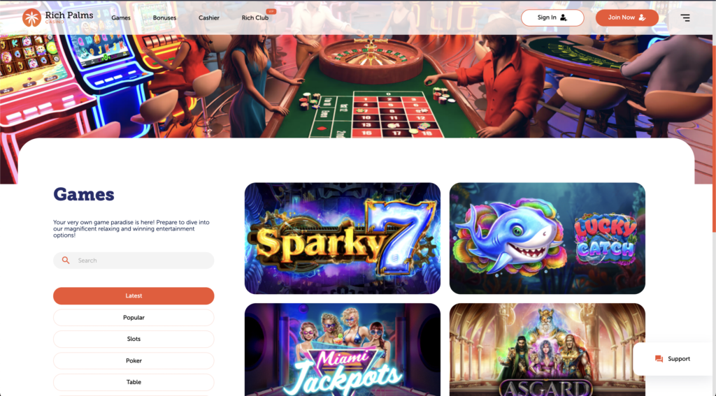 rich palms casino games page
